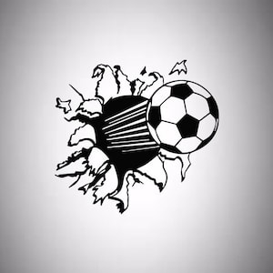 May include: A black and white graphic of a soccer ball bursting through a torn surface. The soccer ball is in the foreground, with a classic pentagon and hexagon pattern. The torn surface is black with white highlights.