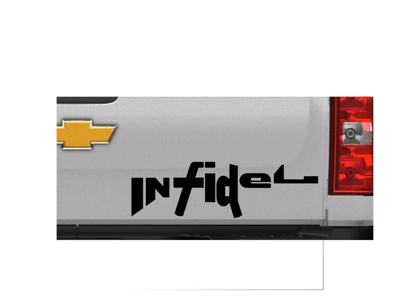 May include: A black vinyl decal with the word "INFIDEL" in a stylized font, affixed to the tailgate of a light grey Chevrolet truck. The Chevrolet logo is visible on the left side.