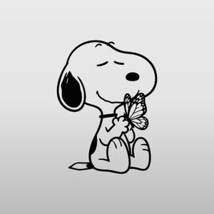 May include: A black and white line drawing of a beagle dog sitting down with its eyes closed. The dog has a black ear and a black spot on its back. It is holding a butterfly with its front paws near its nose, appearing to smell the insect.