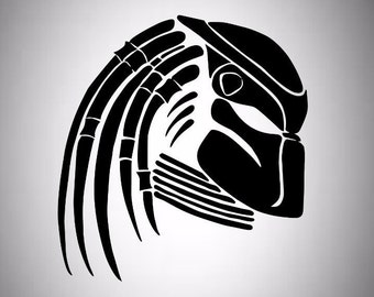 May include: A black graphic of a Predator's head in profile. The design features the creature's distinctive dreadlocks, mandibles, and helmet. The image is a silhouette against a gradient gray background, suitable for stickers or decals.