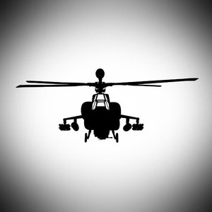 May include: A black silhouette of a helicopter against a gradient gray background. The helicopter has a main rotor, tail rotor, and various external components. The image is a simple, graphic representation of an aircraft.