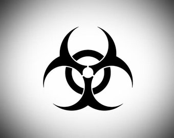 May include: A black biohazard symbol against a gradient gray background. The symbol features three curved, pointed shapes surrounding a central circle, with a smaller circle at the center.