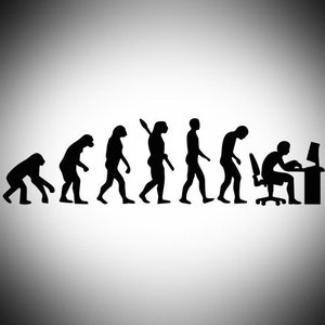 以下が含まれることがあります： 人間の進化を描いた白黒のグラフィックで、最後はコンピューターに向かう人。画像は霊長類から始まり、さまざまな段階を経て、机に座ってコンピューターに向かう人へと進みます。
