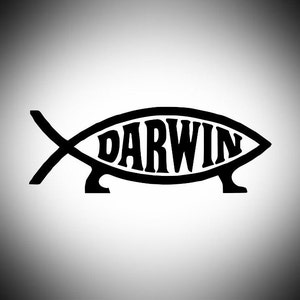 May include: Black and white graphic of a fish symbol with the word "DARWIN" in bold letters inside. The fish symbol is a stylized ichthys, a symbol often associated with Christianity. The word "DARWIN" is in a bold, sans-serif font.