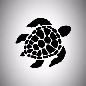 May include: A black sea turtle silhouette with a detailed shell pattern. The turtle's flippers are extended, and the design is set against a gradient gray background. This image is suitable for decals, stickers, or art prints.