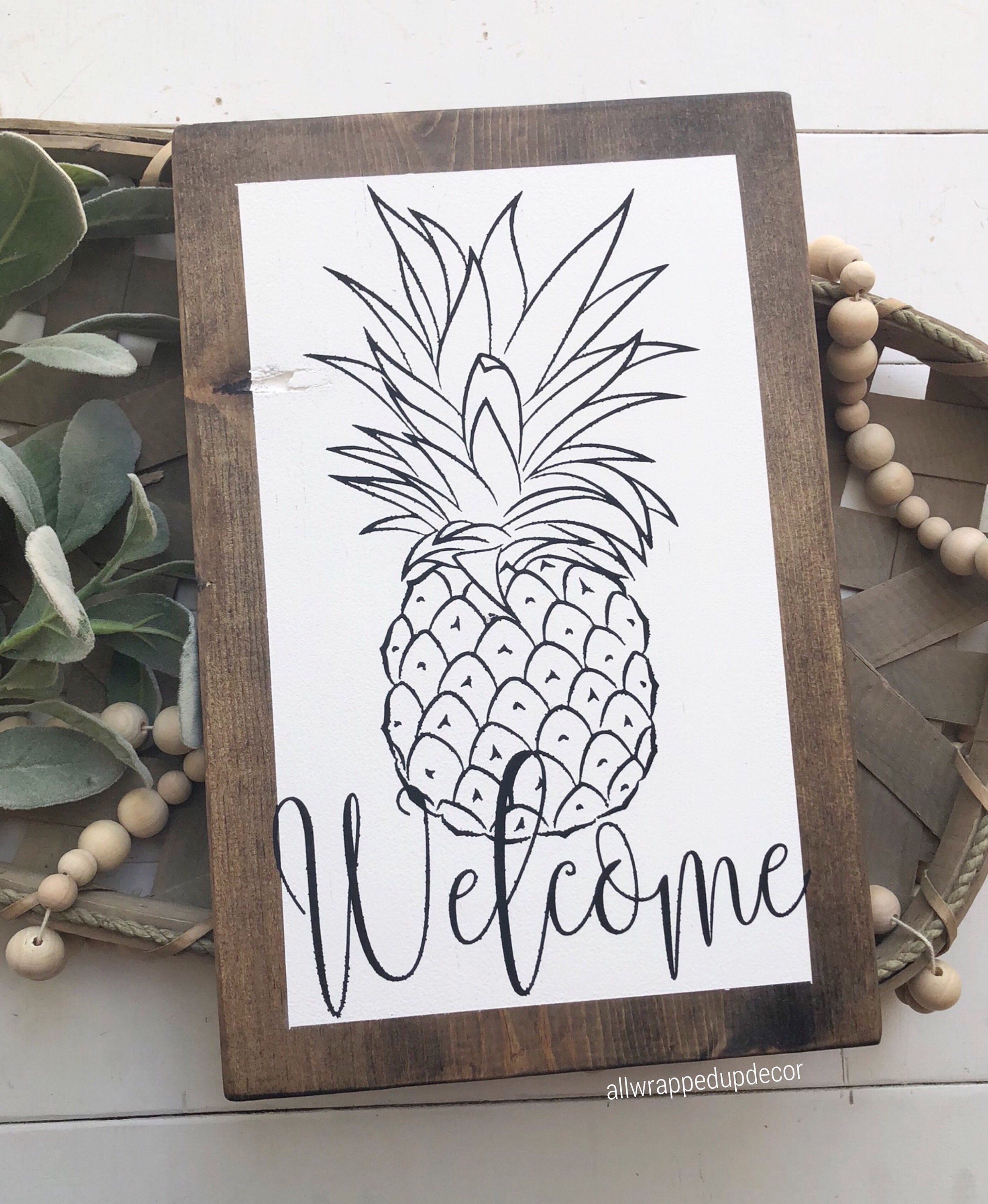 Welcome sign / pineapple sign / pineapple decor /Framed wood | Etsy