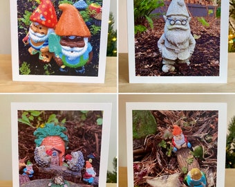 4 Card Gnome greeting card set - Cards with envelopes - Whimsical photography