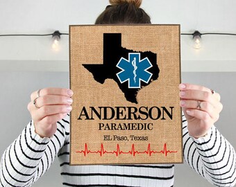 EMT, AEMT Paramedic Star of Life Burlap Print - EMT Gift Custom State Name and Registration Number