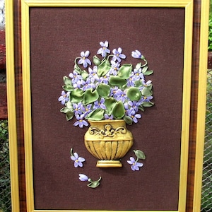 to order. Violets embroidery, Wall hanging with violets, Violets in a vase, Spring flowers, Violets on brown, Violets wall decor.