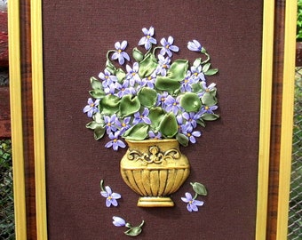 Ribbon Embroidered Violet Wall Hanging, Floral Linen Art