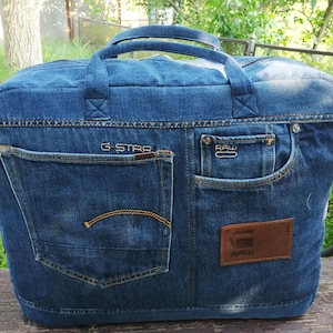 To order. Denim travel bag, jeans hand luggage, upcycled jeans bag, plane cabin luggage,  upcycled denim  bag, jeans  weekender holdall,