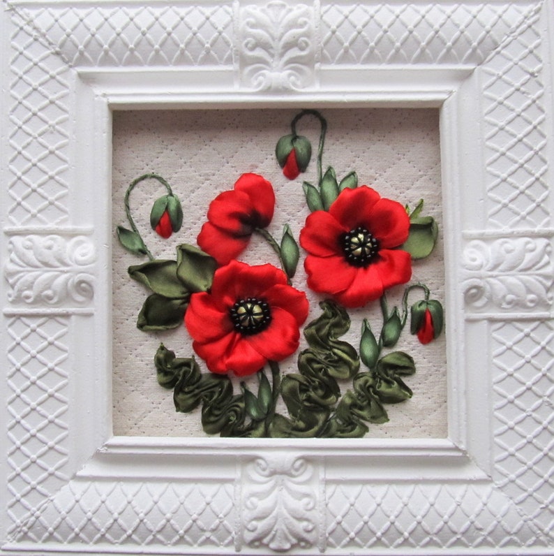 framed red poppy 3D ribbon embroidery framed summer picture Embroidered poppy ribbon embroidered picture botanical picture red poppy