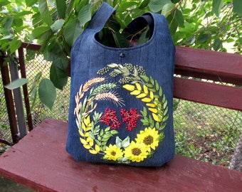Broderad denimväska, Rowan Sunflower-design, återvunnen jeansväska