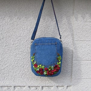 To order, 3 in 1 bag-transformer, denim embroidered bag, hand embroidered purse, recycled jeans bag, ribbon embroidery, jeans backpack purse