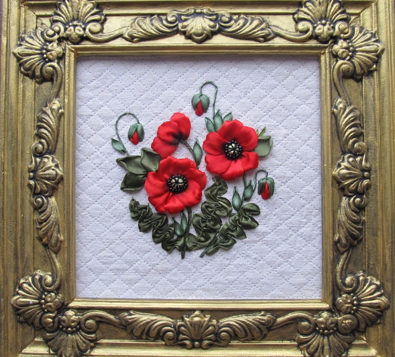 framed red poppy 3D ribbon embroidery framed summer picture Embroidered poppy ribbon embroidered picture botanical picture red poppy