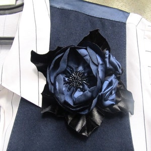 Silk flower brooch, satin dark blue flower brooch, flower pin and clip, flower dress decoration, satin rose brooch, silk flower hair clip