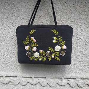 Hand embroidered laptop carrying case. Ribbon embroidered purse. Black  embroidered bag.  Fabric padded laptop case.  Embroidered tote bag.
