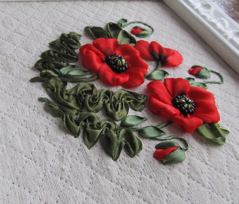 framed red poppy 3D ribbon embroidery framed summer picture Embroidered poppy ribbon embroidered picture botanical picture red poppy