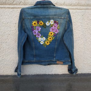 Ready to ship.  Hand embroidery jean jacket, upcycled denim,  hand ribbon embroidery, flower jacket,  Mango jeans, floral heart denim jacket