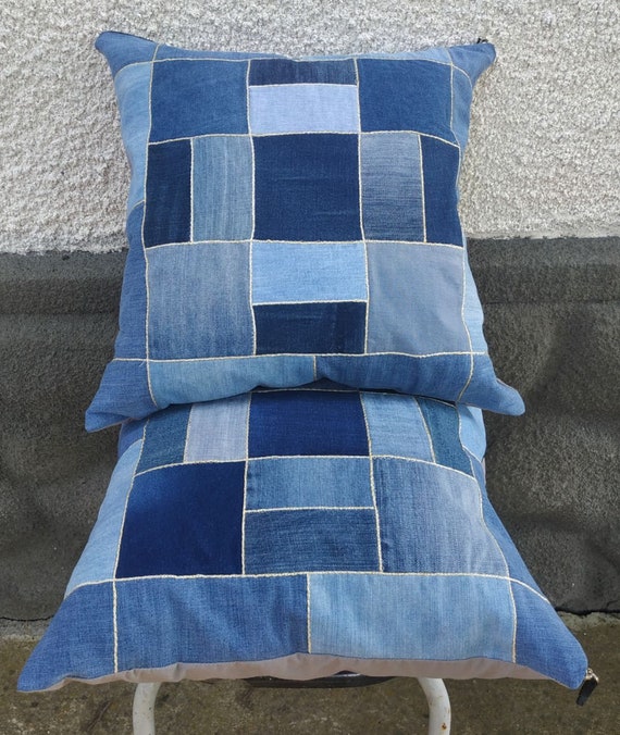 リサイクルデニムパッチワーク枕カバー、環境に優しいクッション（17 x
