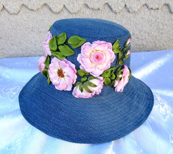 Embroidered Denim Hat, Pink Tea Roses, Upcycled Jeans - Etsy display picture 2
