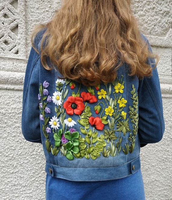 Upcycled Hand-embroidered Floral Jeans 