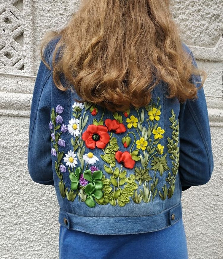 Custom Ribbon Embroidered Denim Jacket, Upcycled Floral Jean