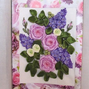 Por encargo. Tarjeta bordada grande, bordado de cinta, tarjeta floral 3D, regalo del 4º aniversario, tarjeta de felicitación, rosas en tarjeta de lino, tarjeta de boda