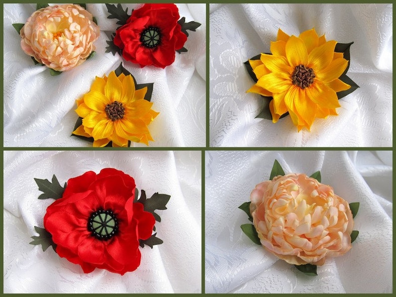 flower dress decoration poppy flower pin and clip Silk satin flower brooch sunflowerf brooch satin peony silk flower hair clip