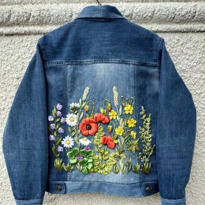 To order. Custom sewn hand embroidered jean jacket, upcycled denim jacket, ribbon embroidery, bridal   jacket, embroidered floral jacket.