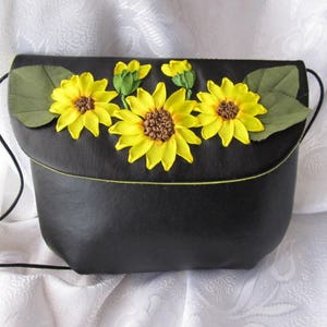 Small faux leather bag, embroidered handbag, ribbon embroidered clutch, yellow flowers purse, faux leather black purse, sunflower/lily bag
