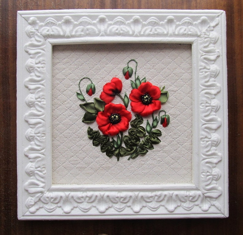 framed red poppy 3D ribbon embroidery framed summer picture Embroidered poppy ribbon embroidered picture botanical picture red poppy