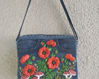 Ribbon Embroidered Denim Crossbody Bag, Mushrooms Poppies, Upcycled Jeans