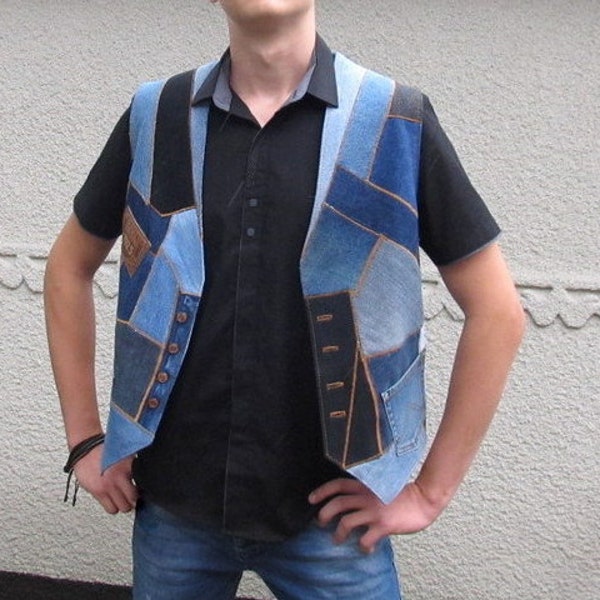 To order. recycled denim vest, patchwork jeans vest, unisex denim vest, boy jeans vest, recycled denim clothing, gift for him, unique vest