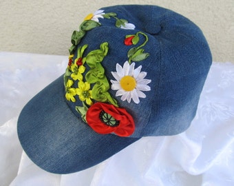 To order. Embroidered denim baseball cap, upcycled denim cap, ribbon embrpodered denim hat, recycled jeans embroidered cap, baseball cap