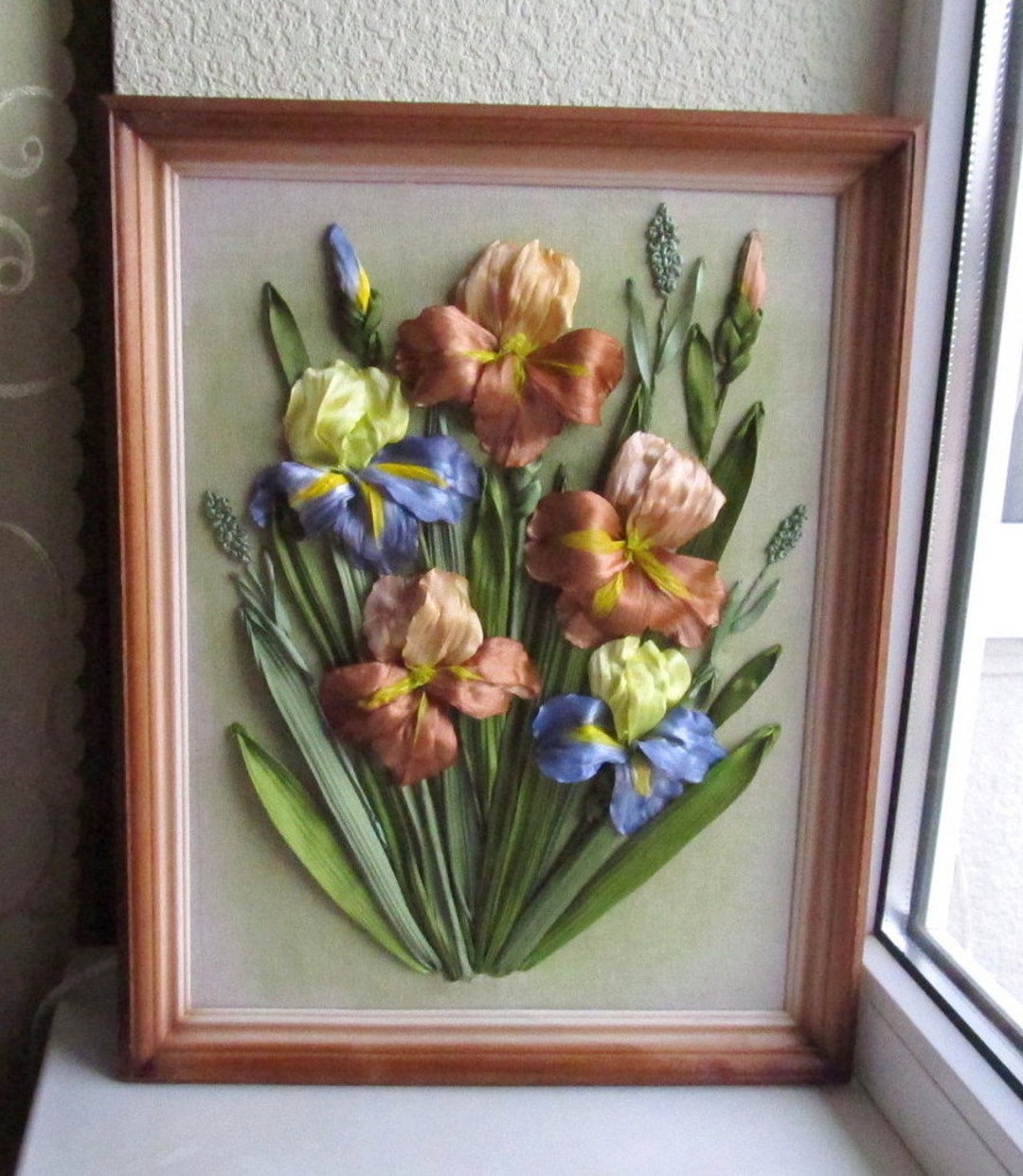 3D Silk Ribbon Iris Picture, Floral Linen Wall Art - Etsy