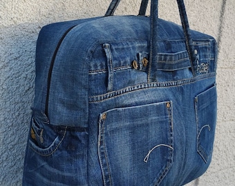 Denim travel bag, recycled jeans hand luggage, upcycled jeans bag, plane cabin luggage,  upcycled denim train bag, jeans  weekender holdall,