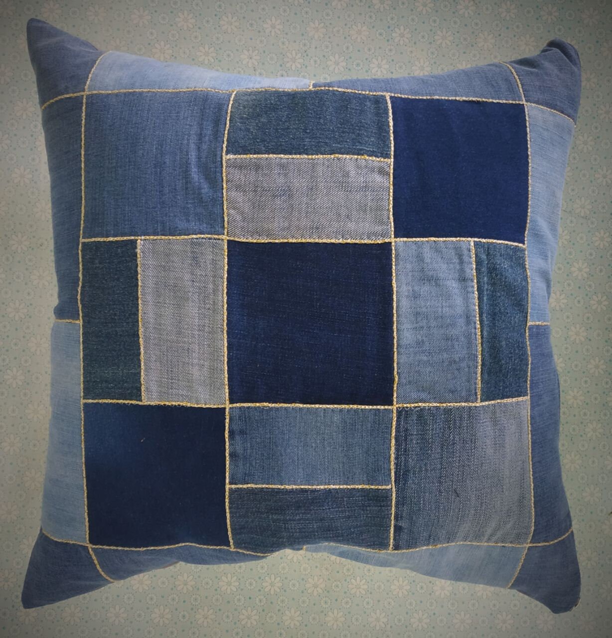 Federa Cuscino Patchwork Indiana Fatta A Mano | Blu 40x60 Cm | Ricamo Artigianale