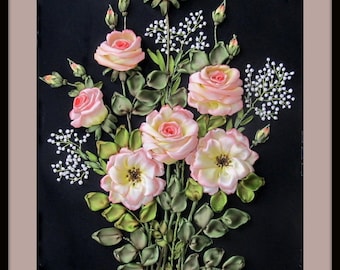 Silk Ribbon Embroidered Rose Wall Hanging, Pink Tea Roses