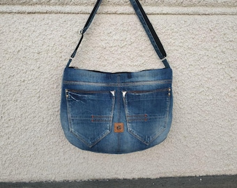 Bolso de fin de semana de mezclilla reciclada, bolso grande de hombro/bandolera de mezclilla azul