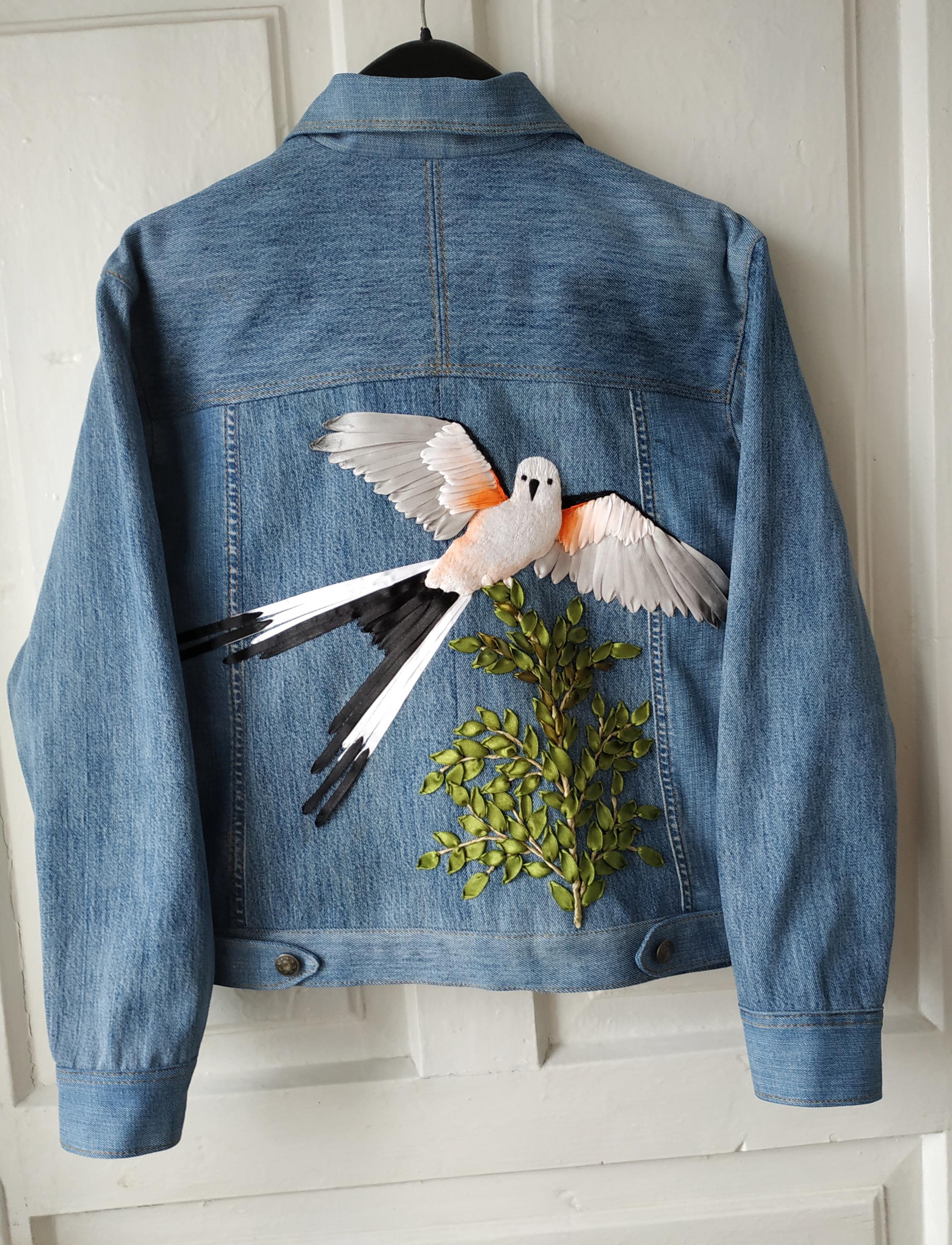 Custom Ribbon Embroidered Denim Jacket, Upcycled Floral Jean