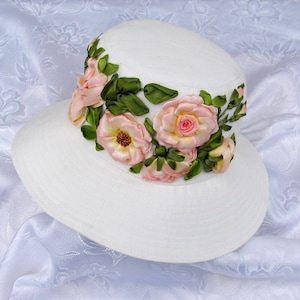 To order. Embroidered denim hat, ribbon embroidered bucket hat, floral headwear,  pink roses hat, white jeans hat, tea roses denim hat