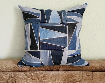 Recycled Denim Patchwork Pillow Cover, Geometric Cushion (16x16 in)