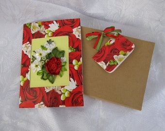 Embroidered floral card, ribbon embroidery card, rose card, embroidered greeting card, greeting flower card, 3D card, card in hard cover