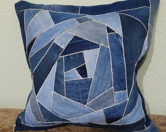 Recycled Denim Patchwork Pillow Cover, Geometric Design