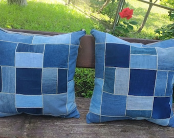 Recycled Denim Patchwork Pillow Cover, Eco Friendly Cushion (17x17 in)