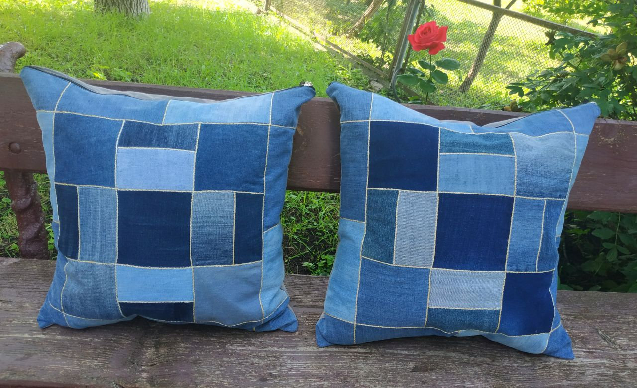 リサイクルデニムパッチワーク枕カバー、環境に優しいクッション（17 x