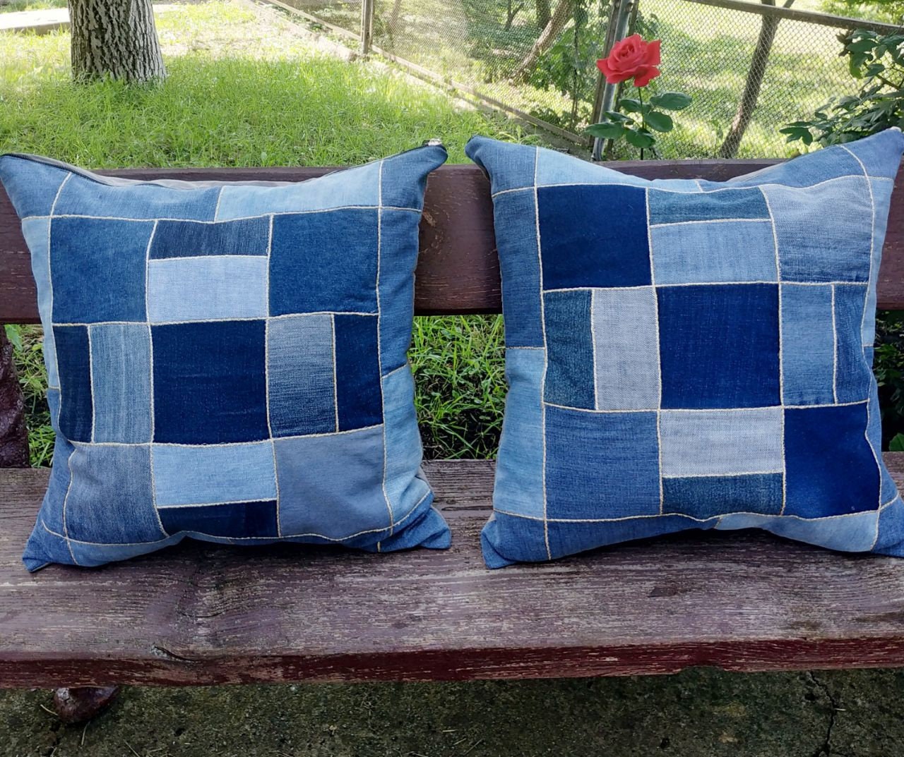 リサイクルデニムパッチワーク枕カバー、環境に優しいクッション（17 x