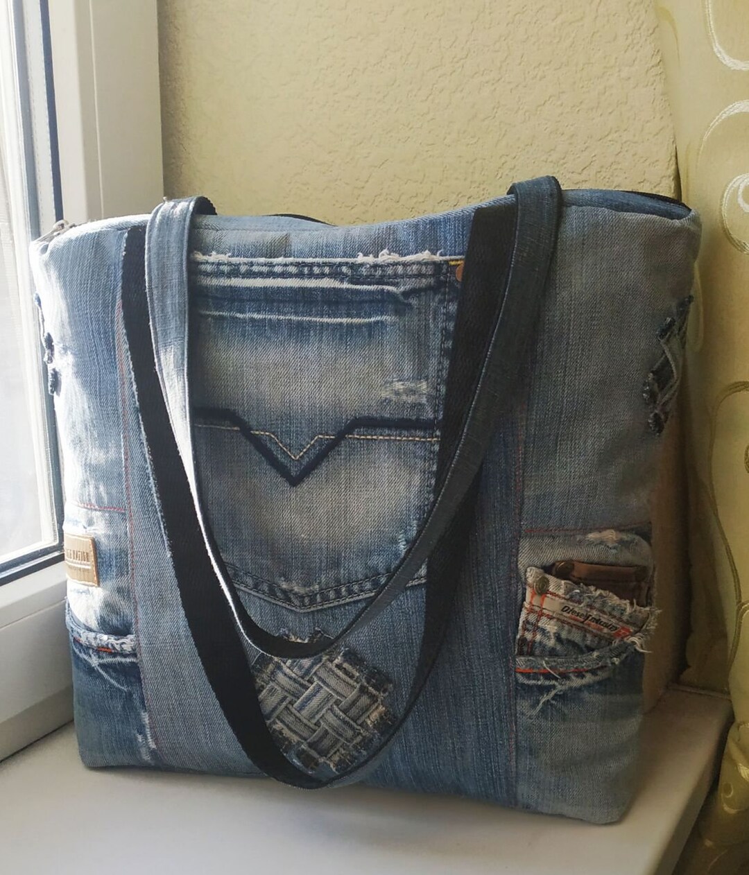 To Order. Upcycled Denim Distressed Denim Bag Jeans Tote Etsy