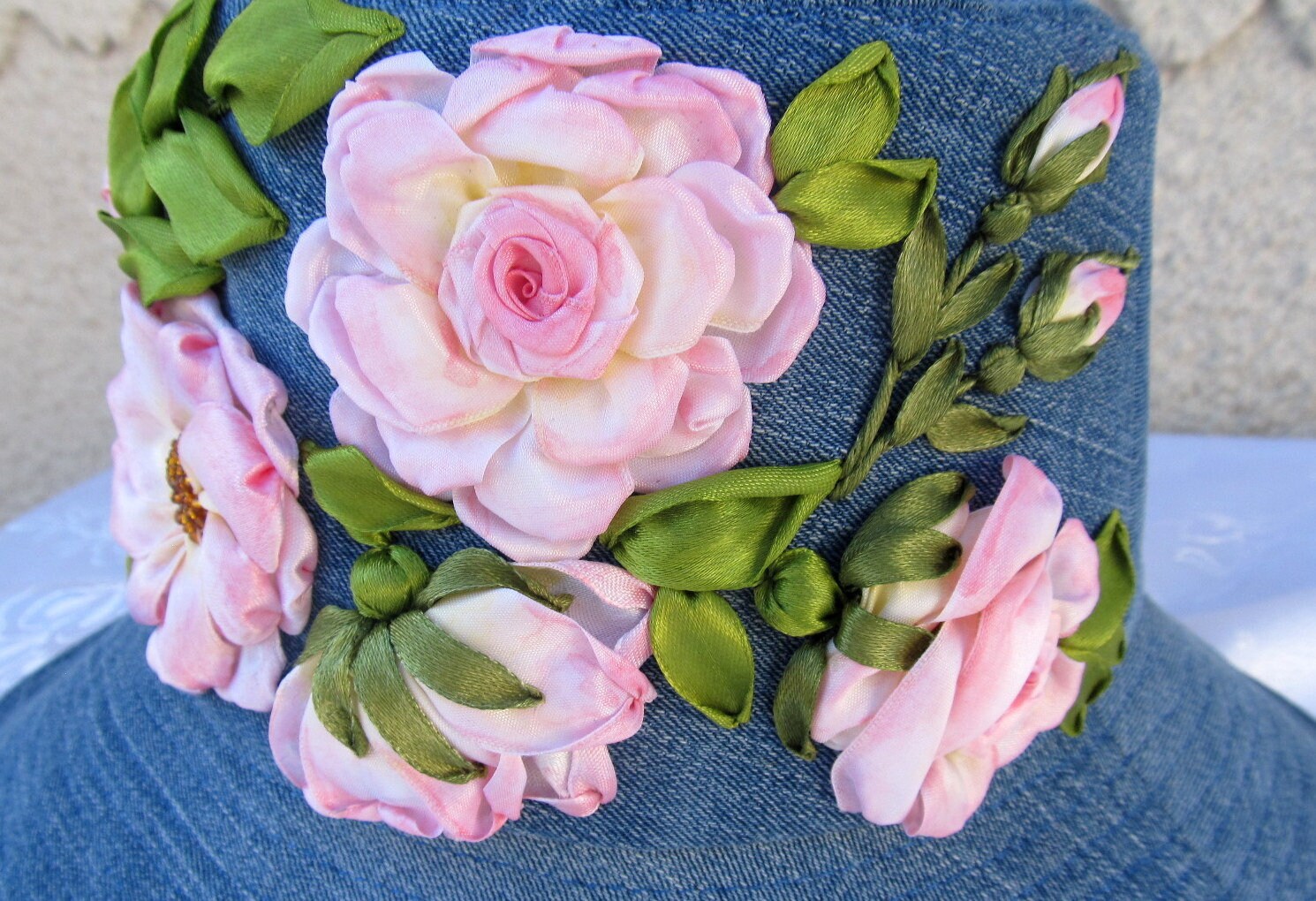 Embroidered Denim Hat, Pink Tea Roses, Upcycled Jeans - Etsy  display picture 2